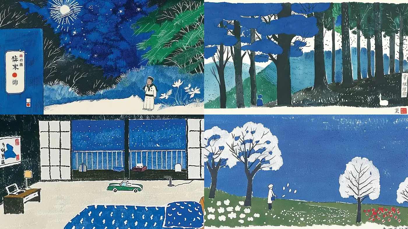 Contemporary Japanese-inspired illustrations with serene landscapes and minimalistic designs - Midjourney sref style