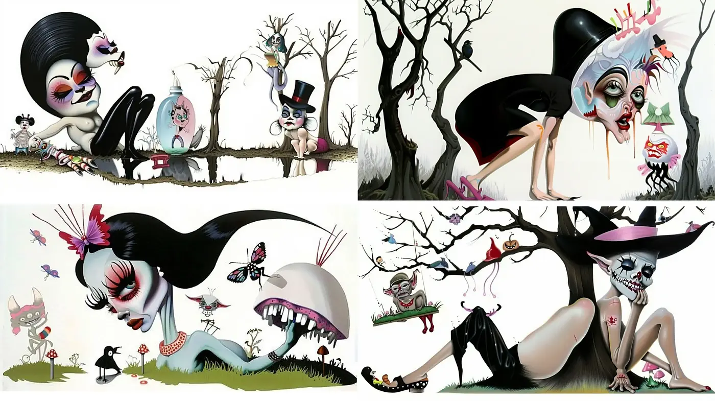 Whimsical Gothic Fantasy with Surrealist Overtones - Midjourney sref style