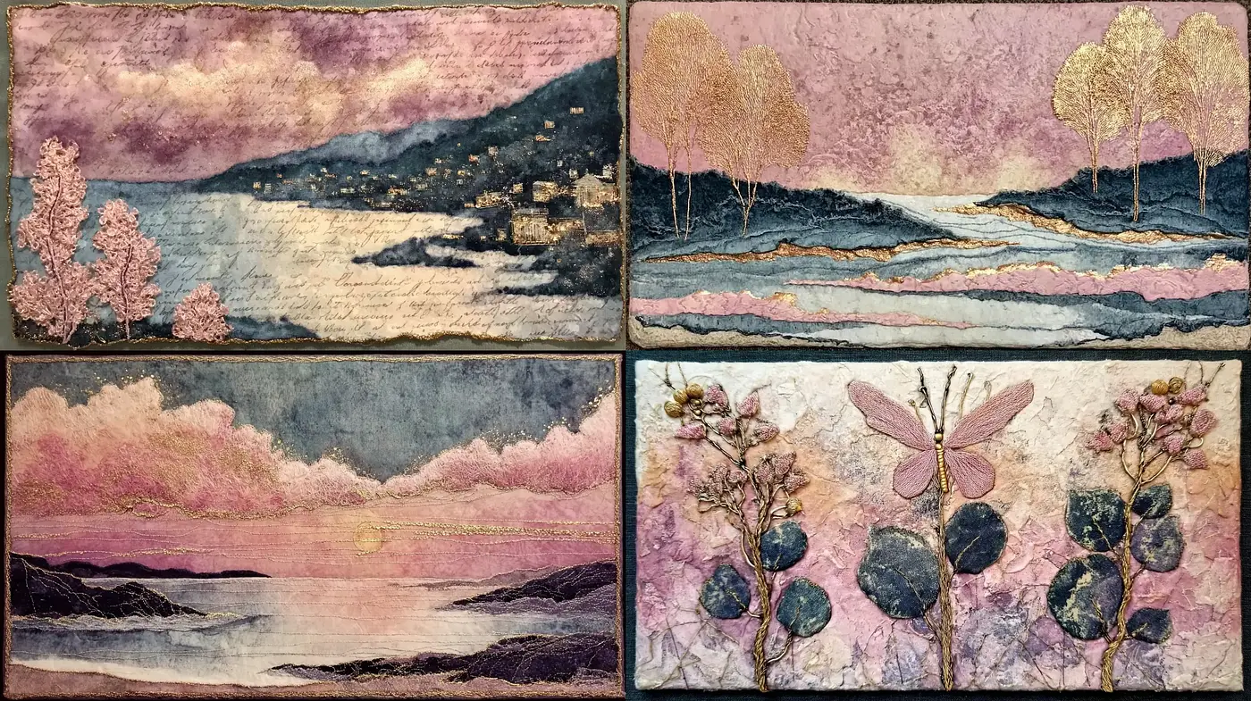 Ethereal landscapes with botanical elements in a textured, dreamlike style - Midjourney sref style