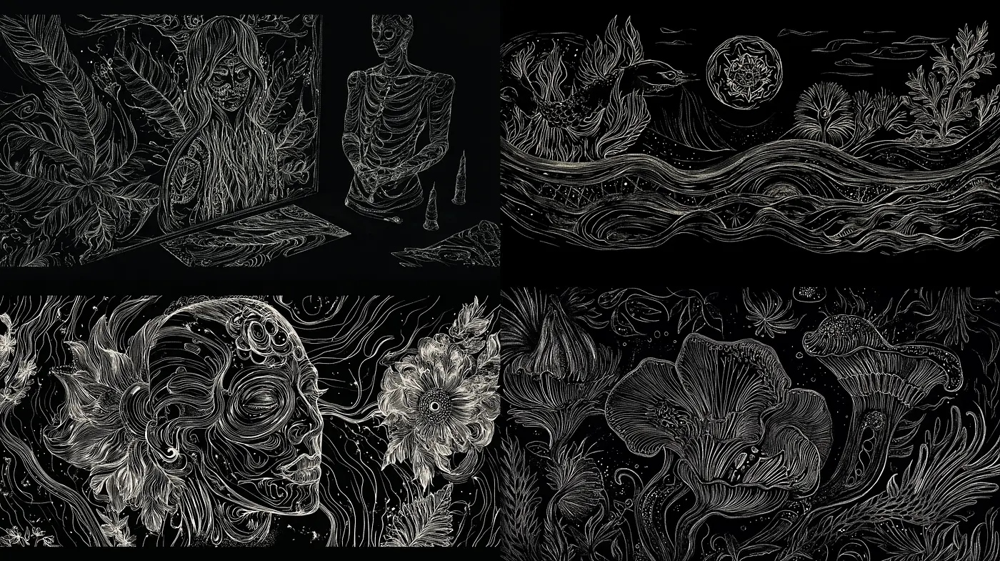 Nocturnal Dreamscape: A Fusion of Organic Etching with Surreal Imagery - Midjourney sref style