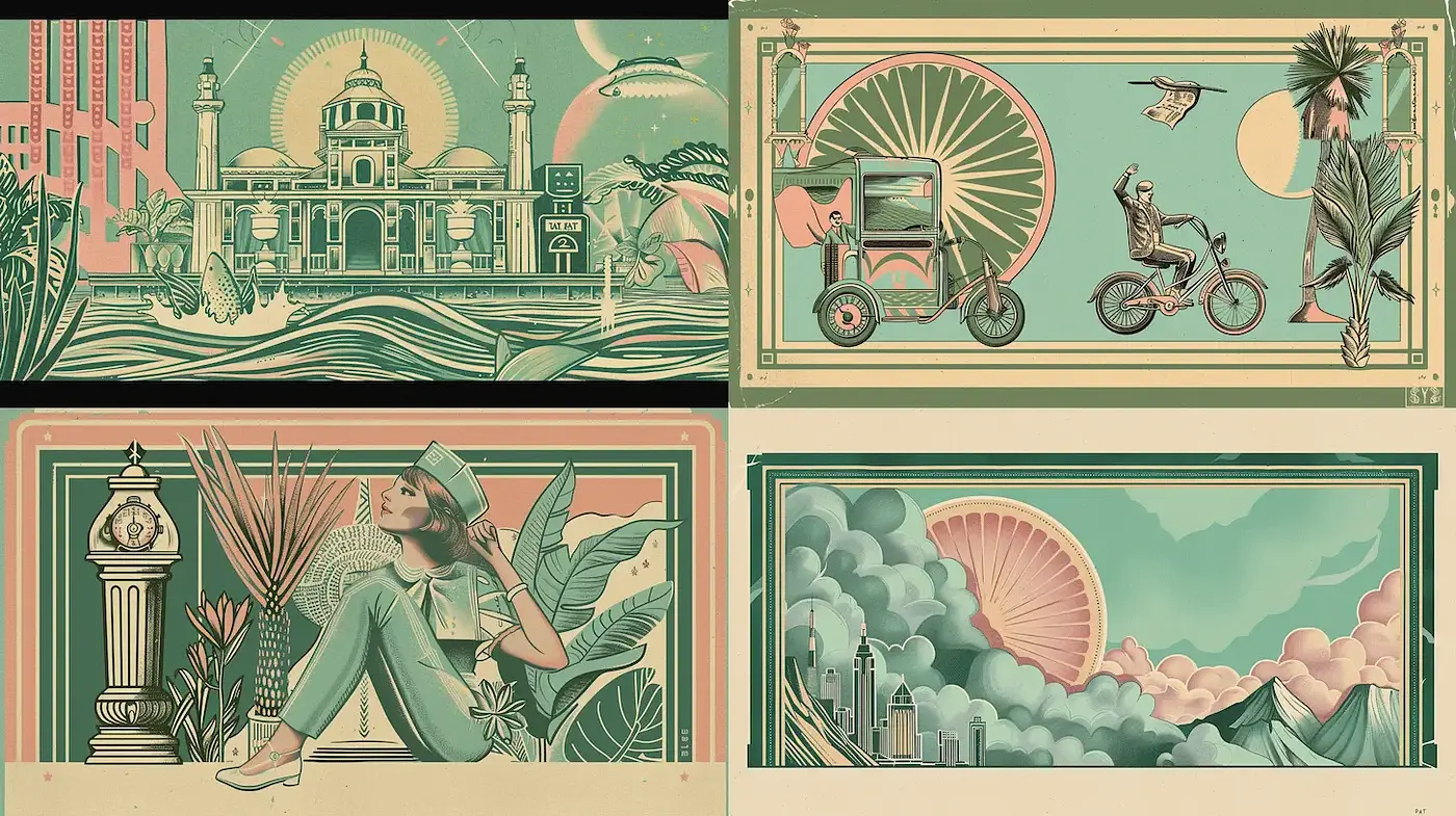 Stylized Illustrative Composition with Retro Influences and Soft Color Tones - Midjourney sref style