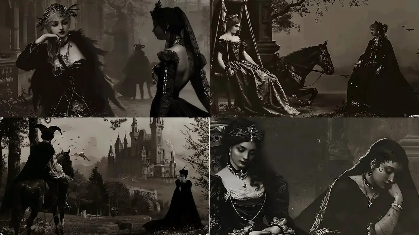 Elegant vintage portraits with a dark fantasy essence - Midjourney sref style