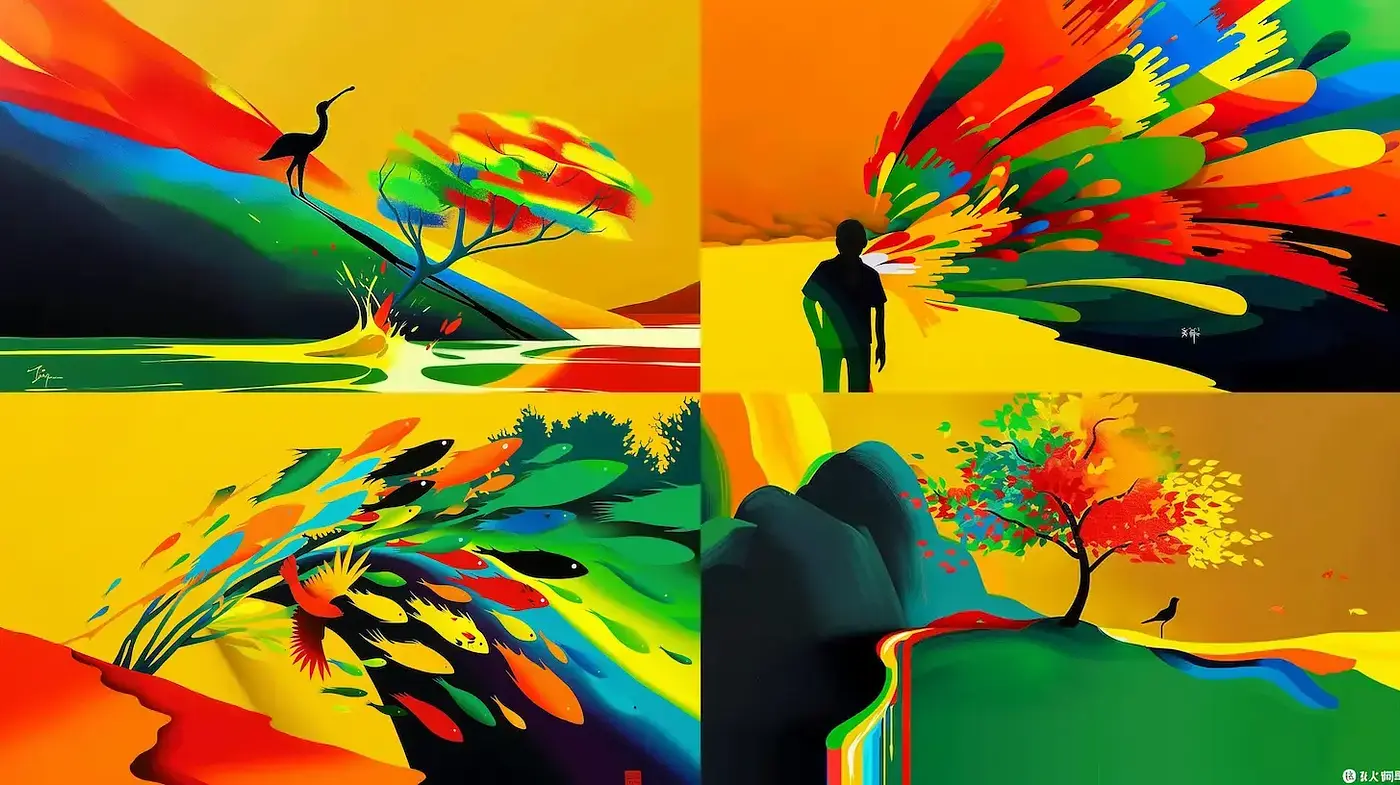 Vibrant and Expressive Abstract Landscapes with Dynamic Elements - Midjourney sref style