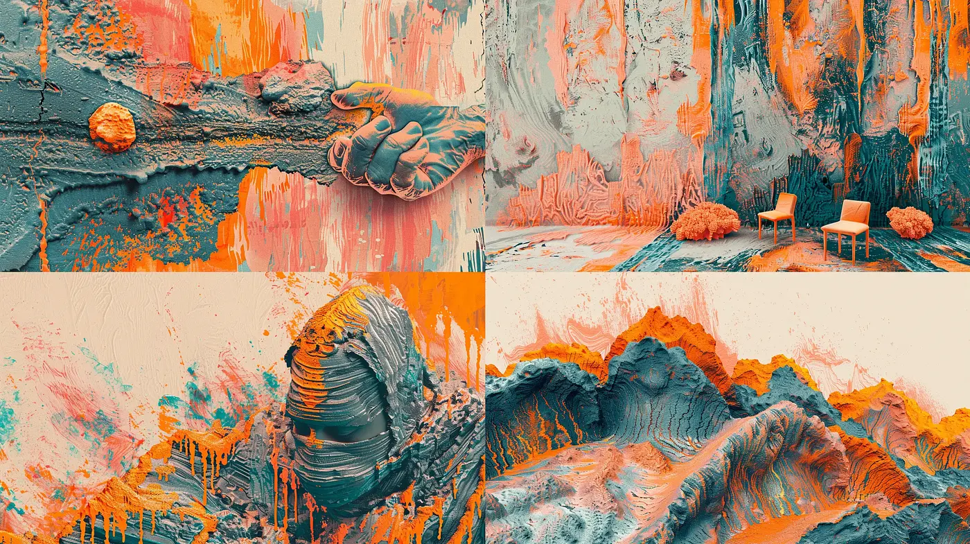 Surreal Orange-Teal Textured Dreamscape Fusion - Midjourney sref style