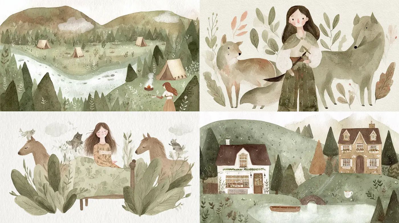 Whimsical and Enchanting Watercolor Landscapes with Natural Elements - Midjourney sref style