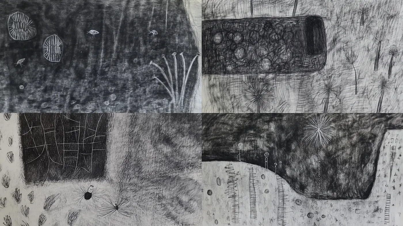 Monochromatic Textured Dreamscape Fusion - Midjourney sref style