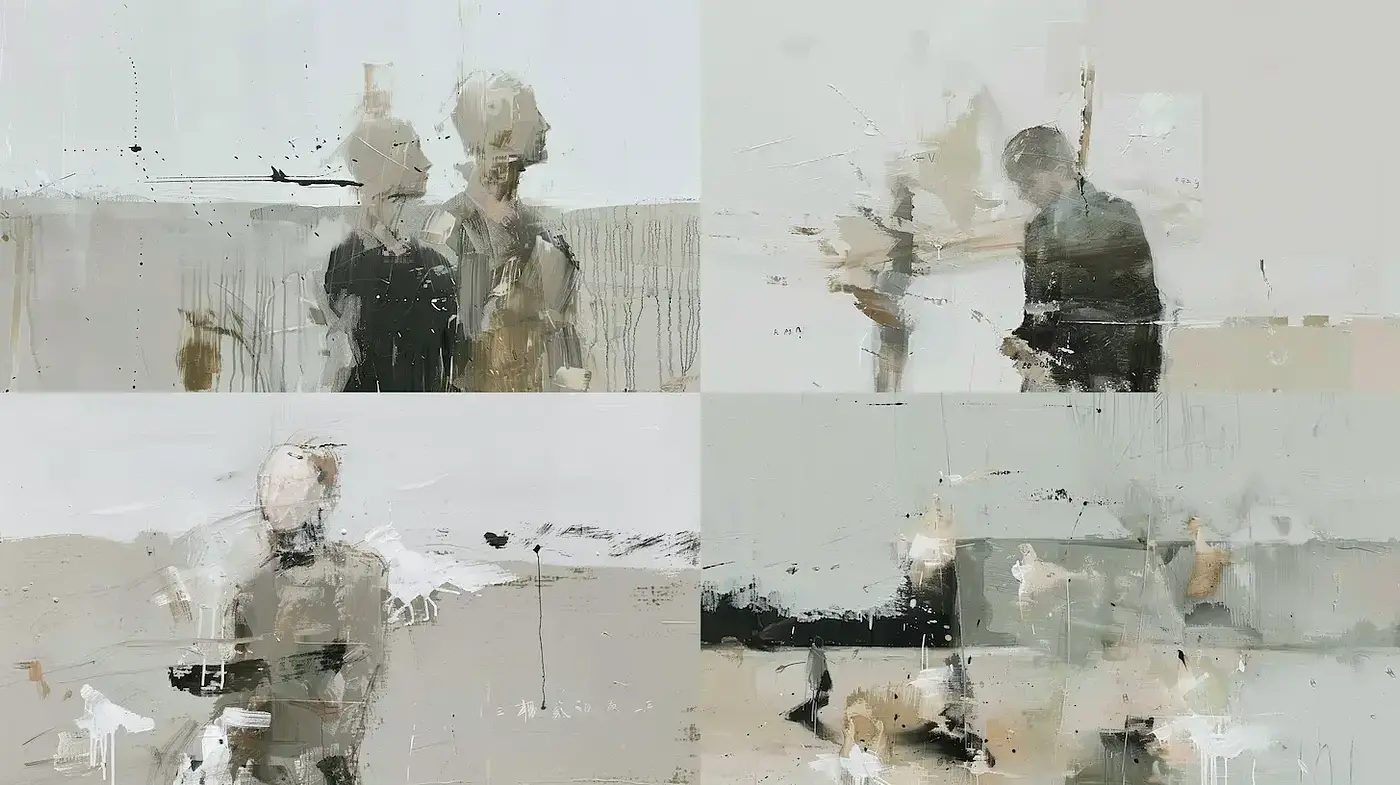 Abstract and muted figures immersed in a textured landscape - Midjourney sref style