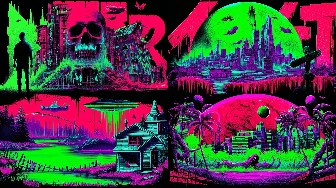 Vibrant Neon Retro-Futuristic Landscapes with Dystopian Elements - Midjourney sref style