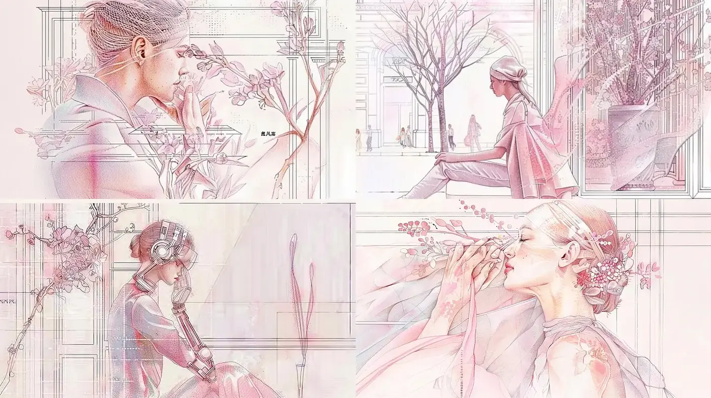 Ethereal Softness with Delicate Floral Elements in a Futuristic Context - Midjourney sref style