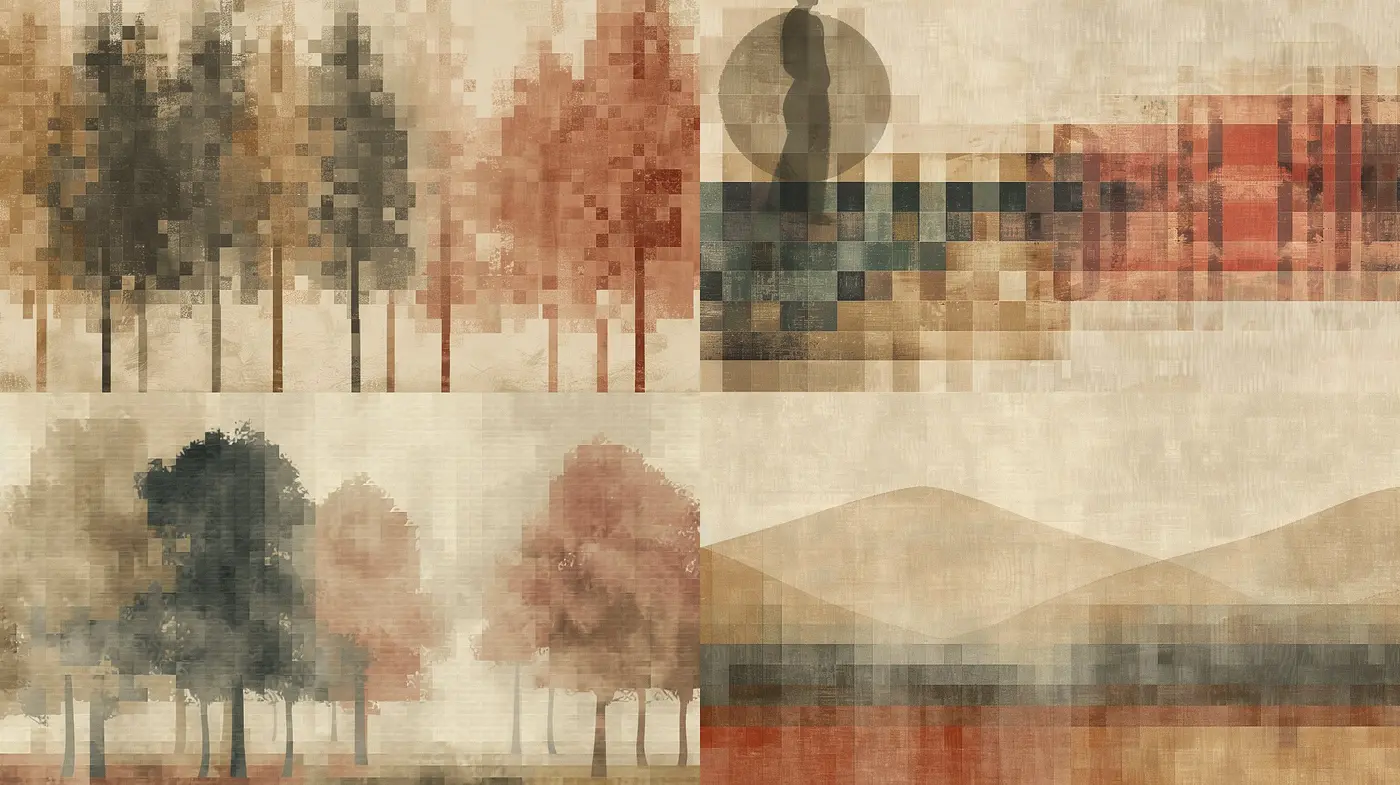 Contemplative Pixelated Serenity: A Study in Sepia and Geometric Forms - Midjourney sref style
