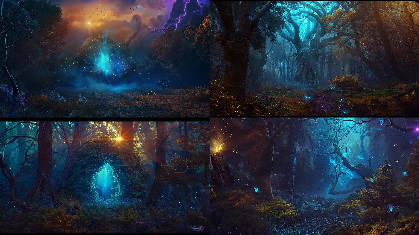 Enigmatic Twilight Woods: A Synthesis of Magical Realism and Fantasy - Midjourney sref style