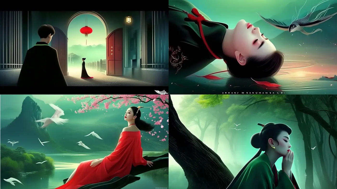 Ethereal Serenity in Emerald and Ruby Hues: A Harmonious Fusion of Anime-Inspired Dreamscapes - Midjourney sref style