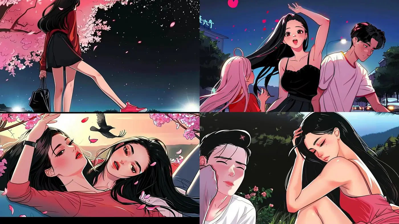 Cherry Blossom Euphoria: A Symphony of Pink and Nightfall Hues - Midjourney sref style