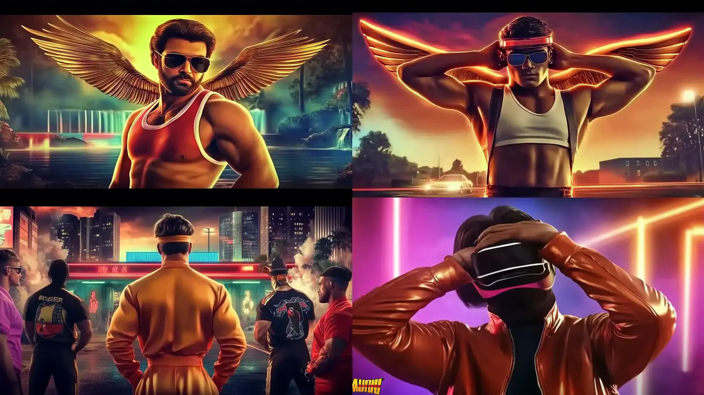 Neon Drenched Retrofuturism with Vibrant Synthwave Aesthetics - Midjourney sref style