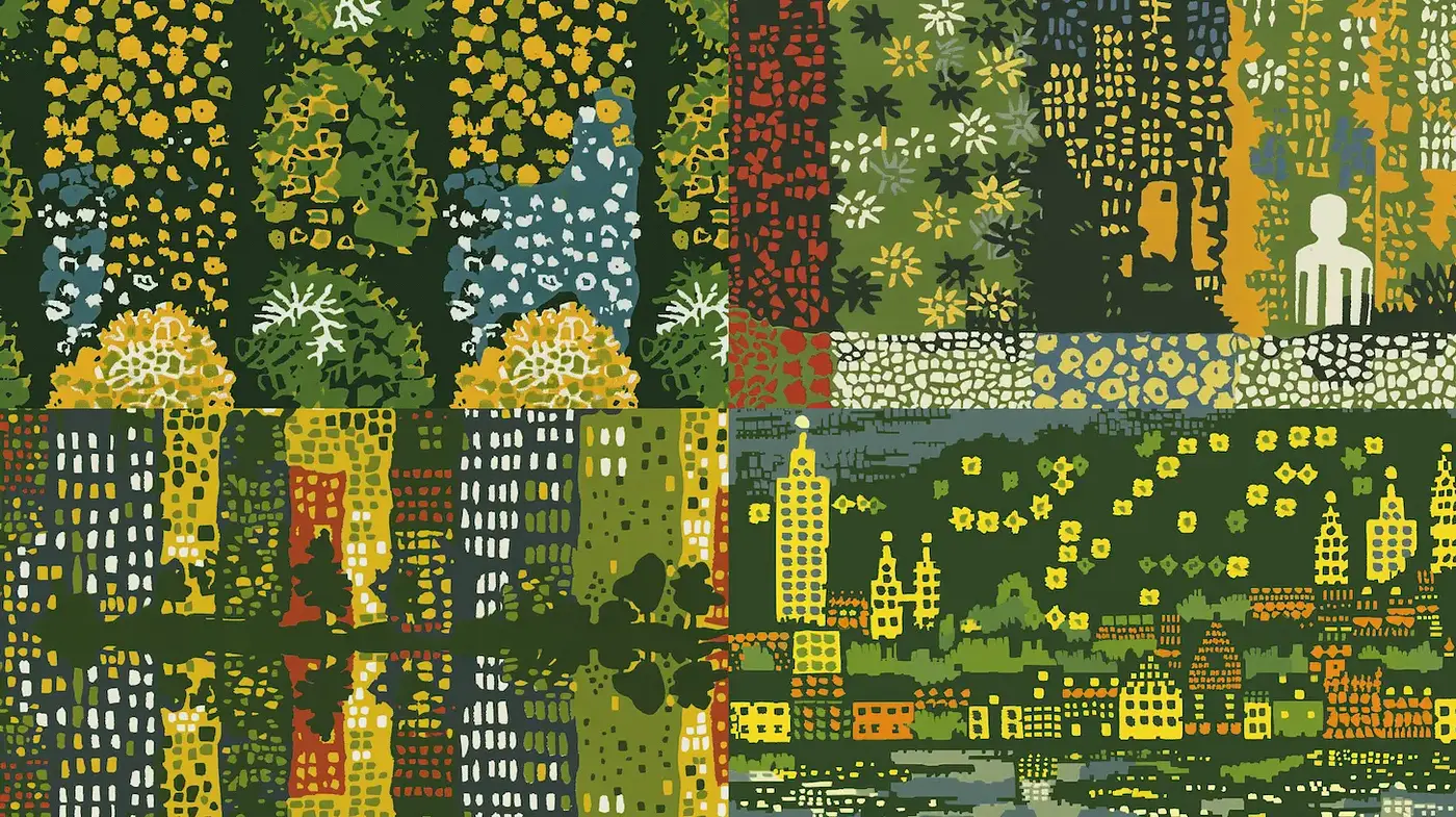 Vibrant patterns inspired by nature and urban landscapes - Midjourney sref style