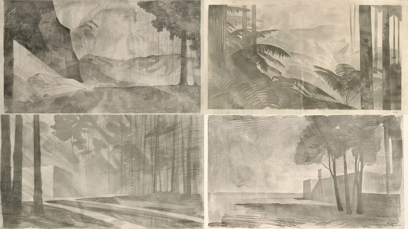 Monochromatic Sketchbook Journey Through Ethereal Landscapes - Midjourney sref style