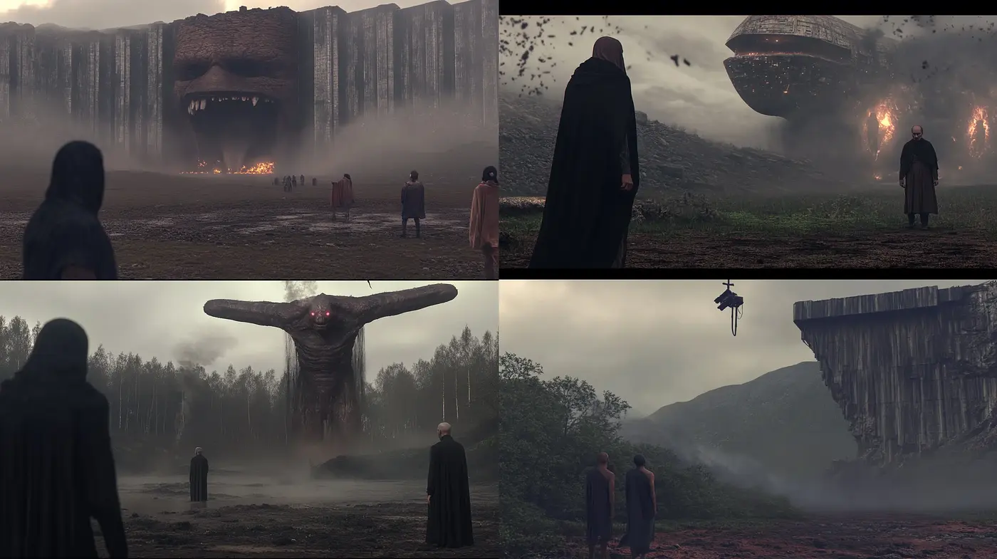 Ethereal Dystopian Vistas: A Meld of Cinematic Sci-fi and Surrealist Fantasy - Midjourney sref style