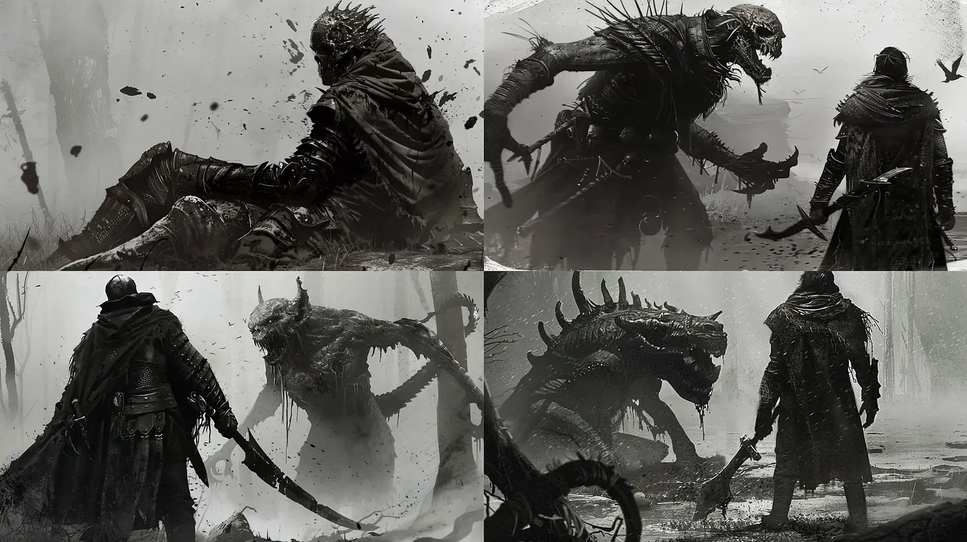 Monochromatic Maelstrom of Mythical Beasts and Dauntless Warriors - Midjourney sref style