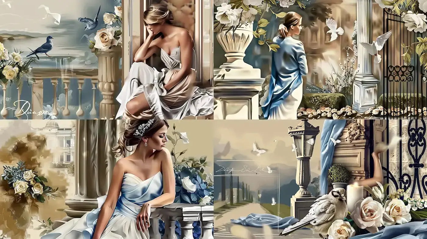 Elegance Rendered in Serene Pastel Vignettes - Midjourney sref style