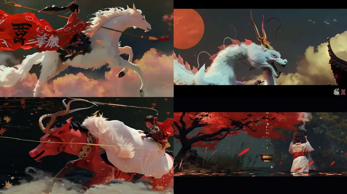 Epic Myths in Crimson and Ebony: A Fusion of Traditional Asian Artistry and Digital Brushwork - Midjourney sref style