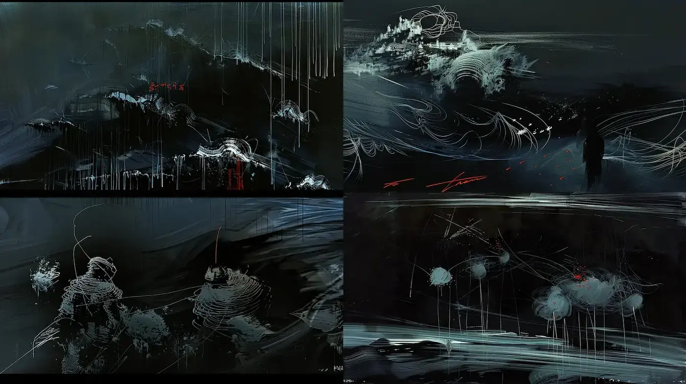 Dynamic Abstract Landscapes with Fluid Textures and Expressive Brushstrokes - Midjourney sref style