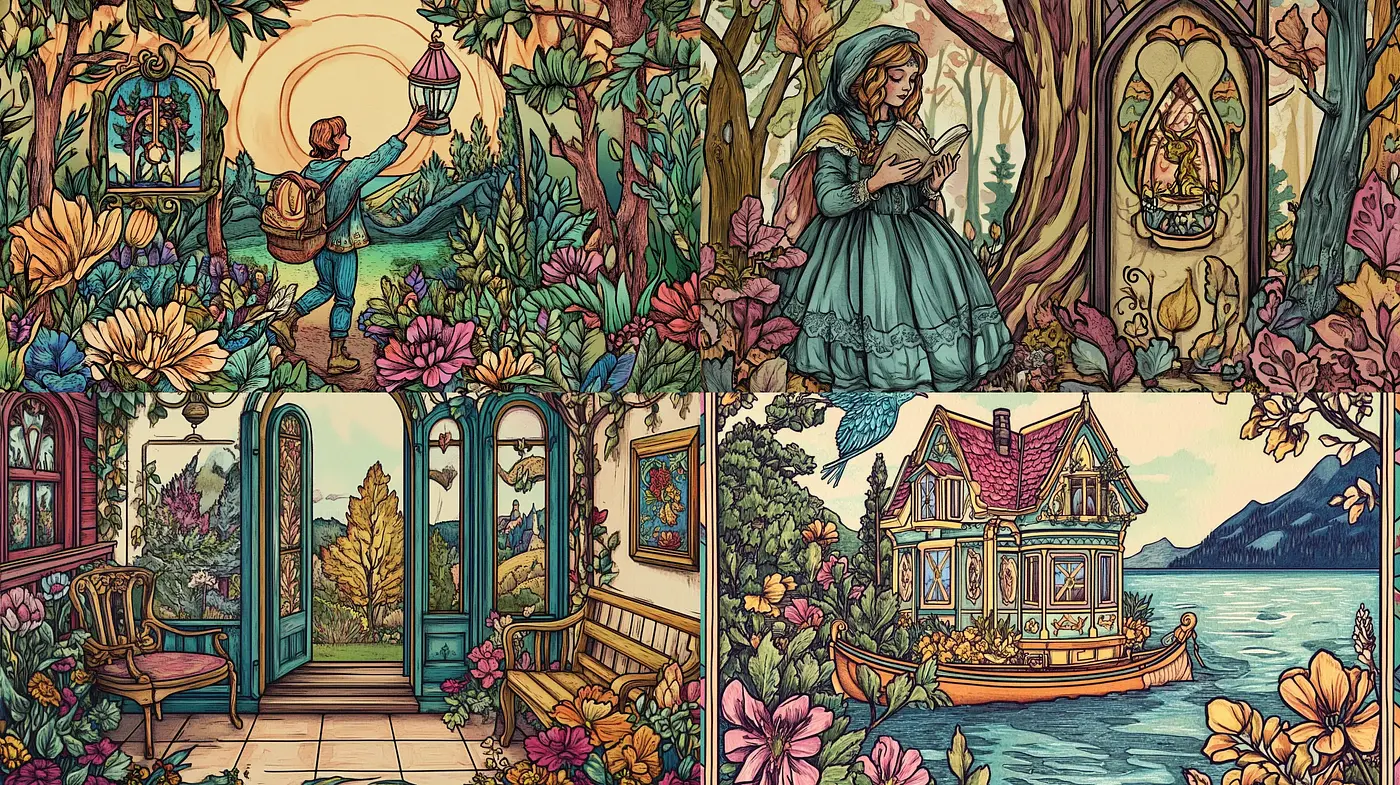 Vibrant Storybook Reverie: A Timeless Tapestry of Fantasy and Florals - Midjourney sref style
