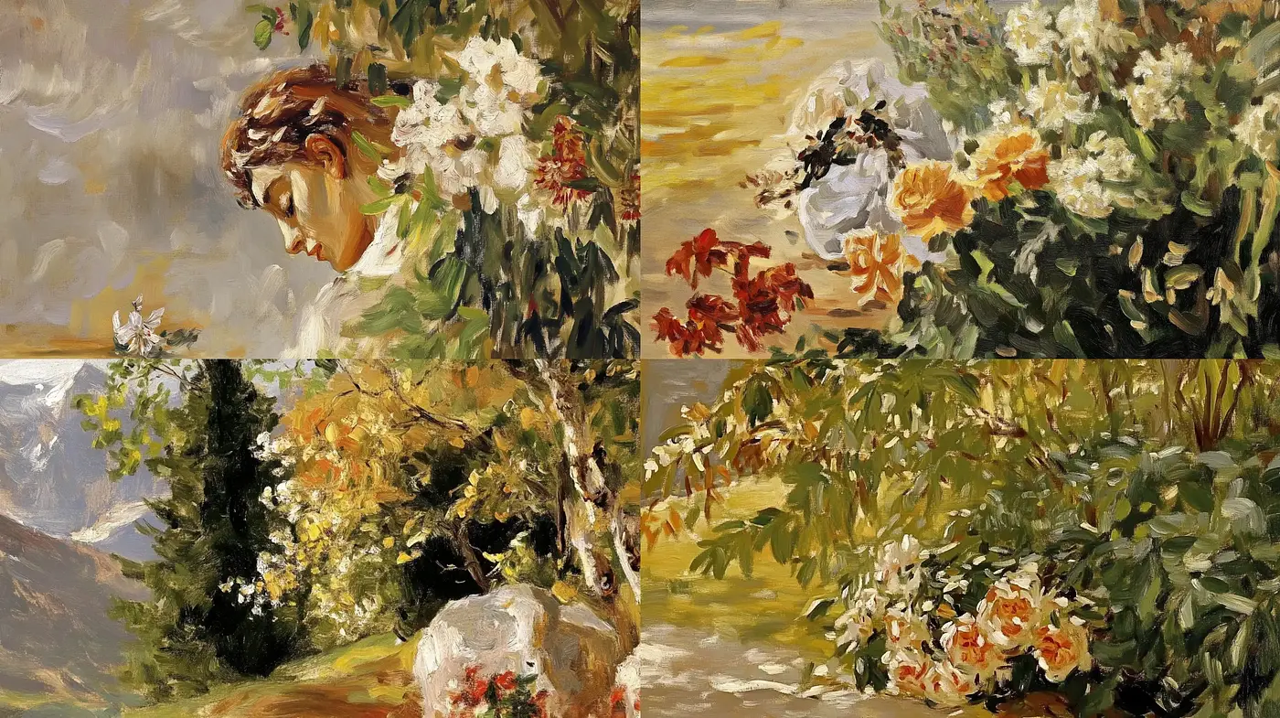 Luminous Blossoming Charm: An Impressionistic Reverie of Florals and Light - Midjourney sref style
