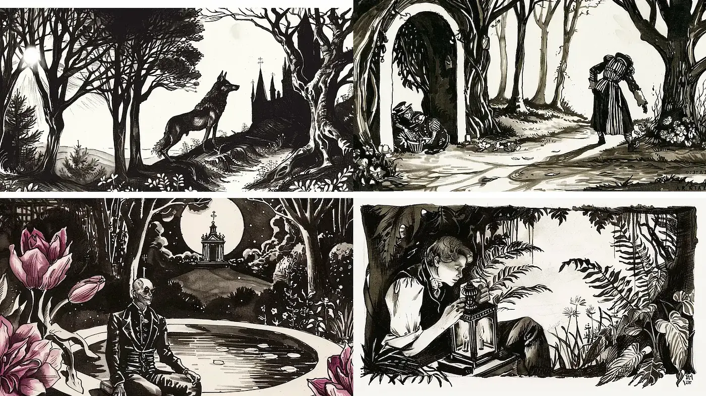 Monochromatic Nostalgia in Inkwash Illustration - Midjourney sref style