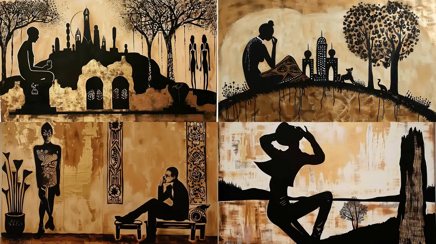 Silhouetted Figures in Monochromatic Tableaus - Midjourney sref style