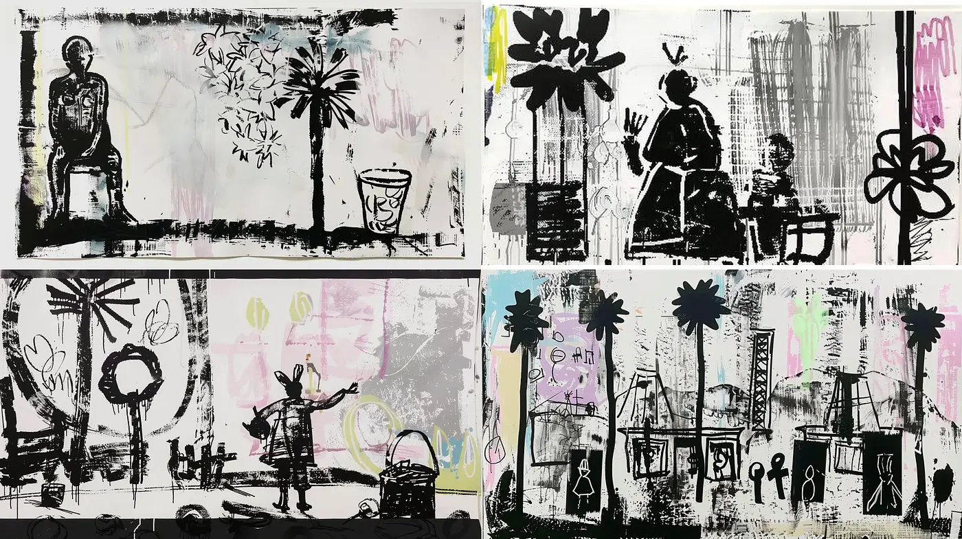Abstract Expressionist Flourishes with a Monochrome Backdrop and Pops of Pastel - Midjourney sref style