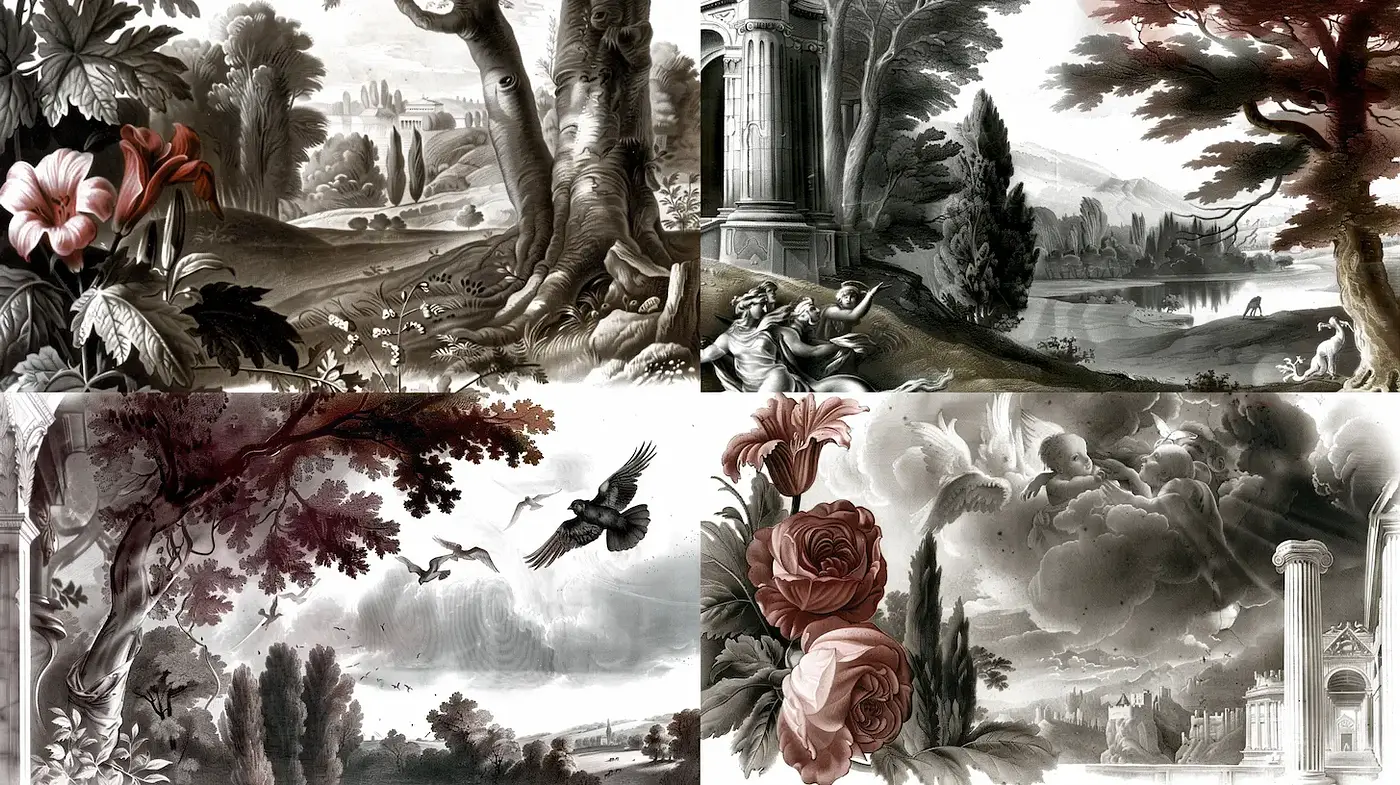 Monochromatic pastoral scenes with classical motifs - Midjourney sref style