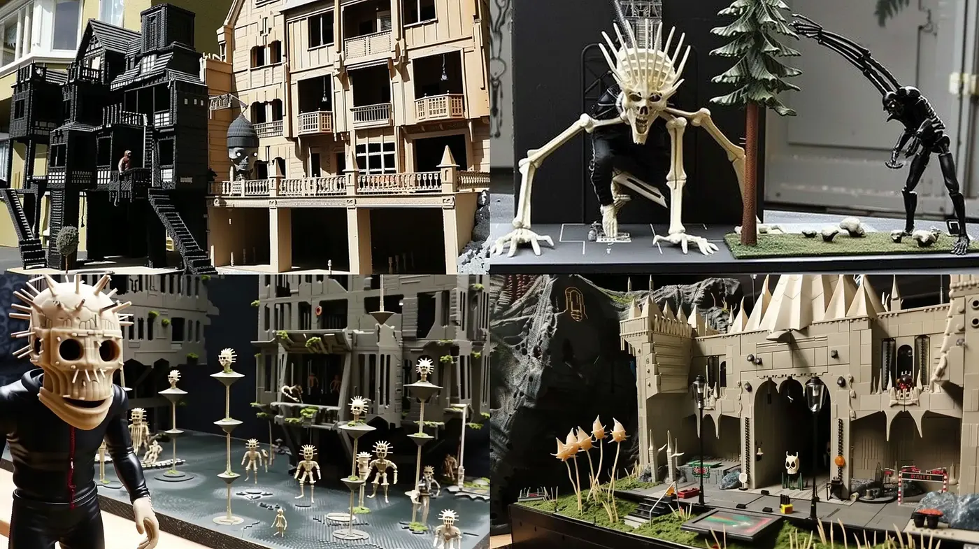 Diorama Dynamics: A Darkly Whimsical Architectural Narrative - Midjourney sref style