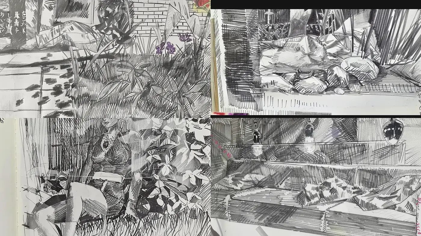 Dynamic Contrast in Textured Monochrome Compositions with Organic Elements - Midjourney sref style