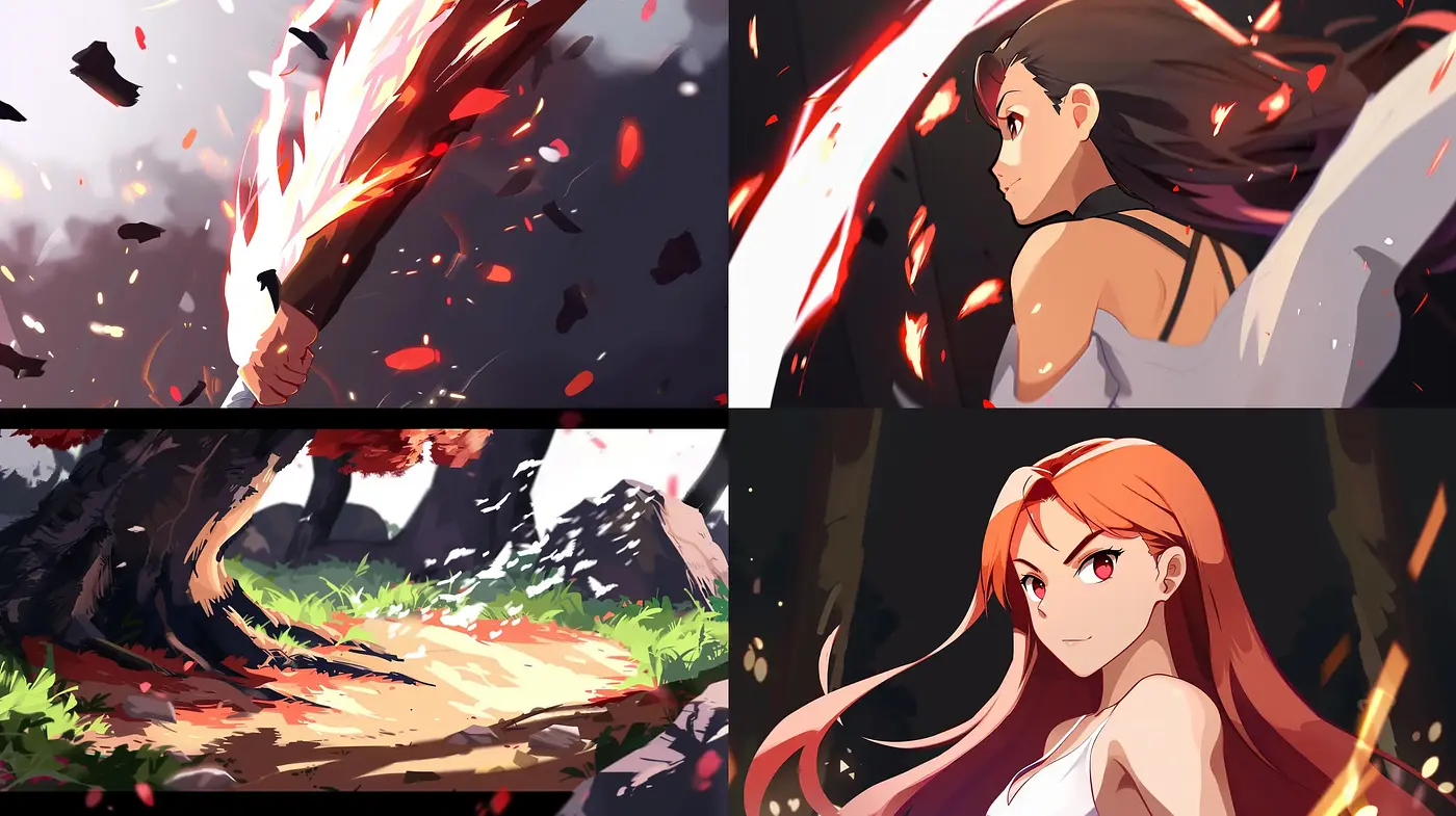Dynamic Anime-Inspired Vivacity with Earthy and Fiery Tones - Midjourney sref style