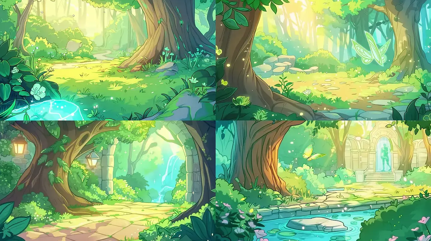 Whimsical Enchanted Forest Landscapes with Consistent Pastel Aesthetic - Midjourney sref style