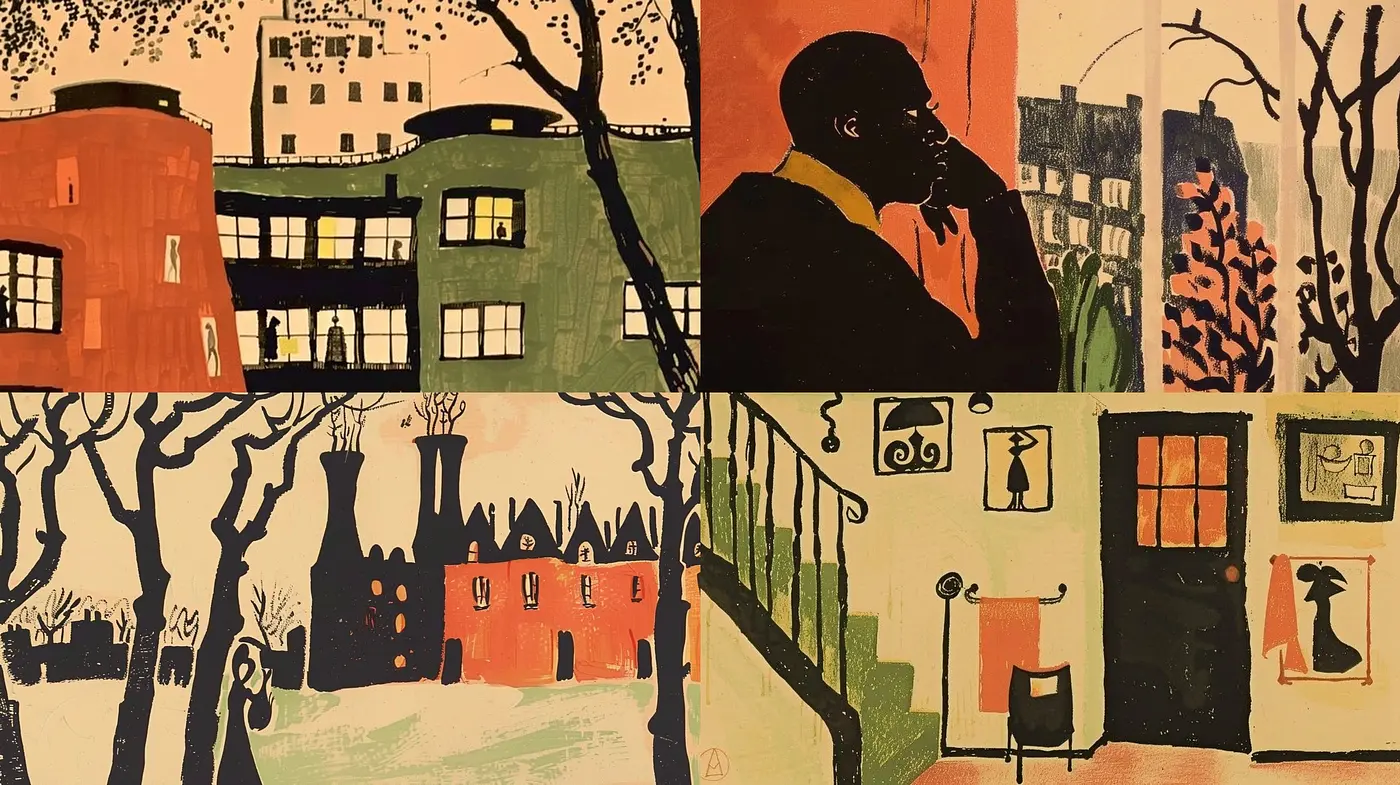 Abstract Silhouettes and Earthy Tones: A Fusion of Urban Life and Organic Forms - Midjourney sref style