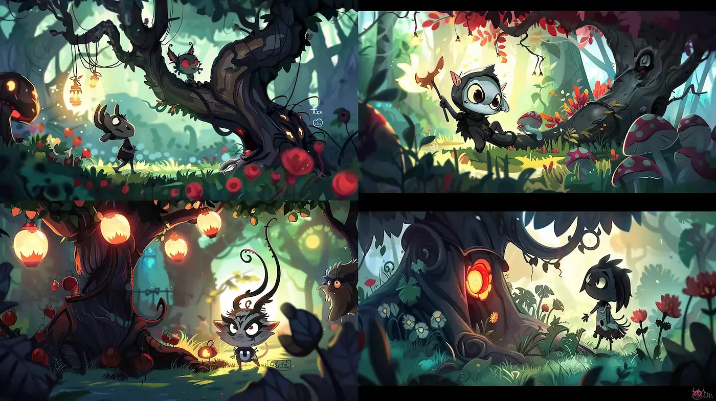Whimsical, Enchanted Forest Aesthetic with Playful Characters - Midjourney sref style