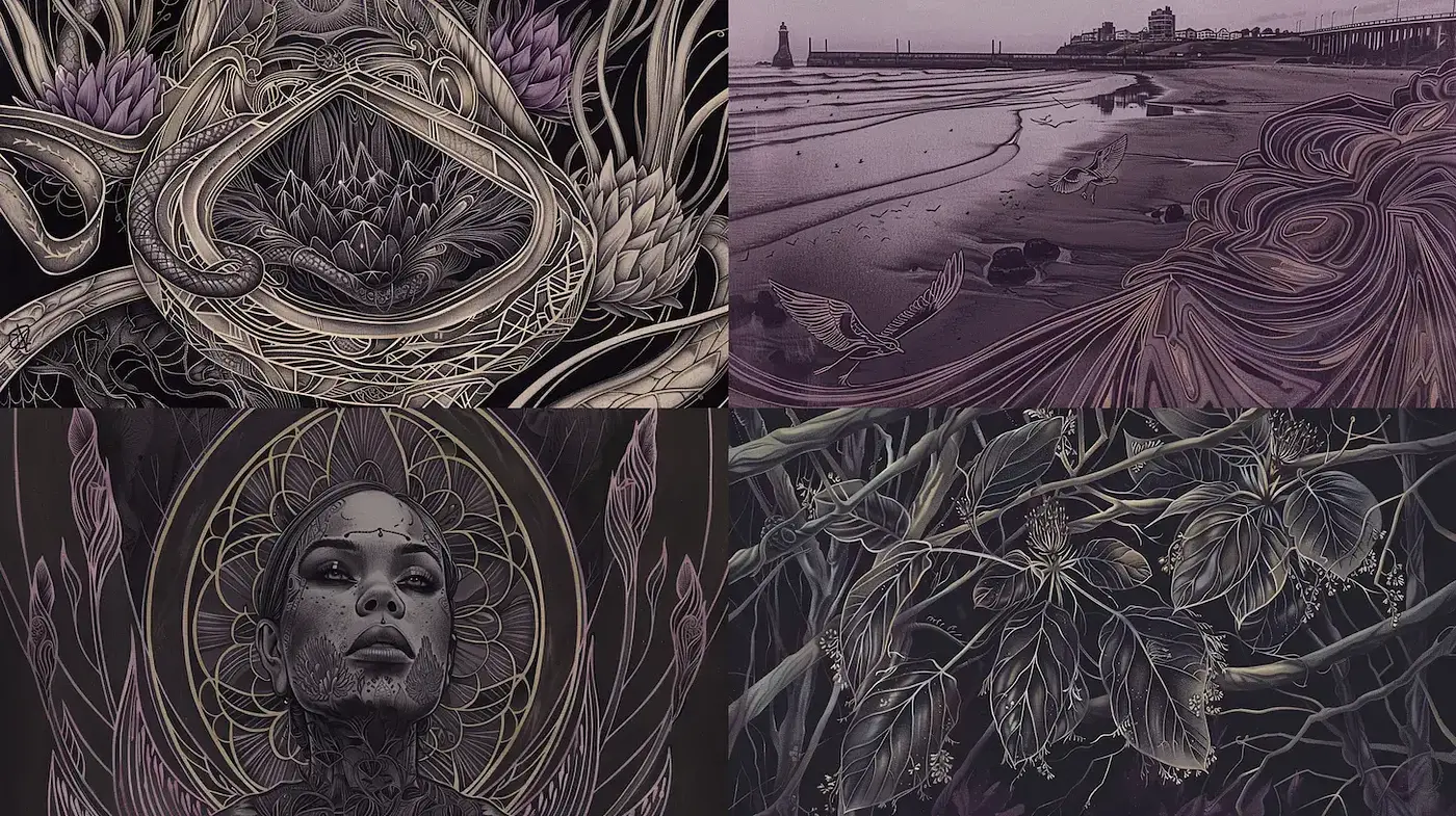 Ethereal and intricate designs showcasing a harmonious blend of nature and surrealism - Midjourney sref style