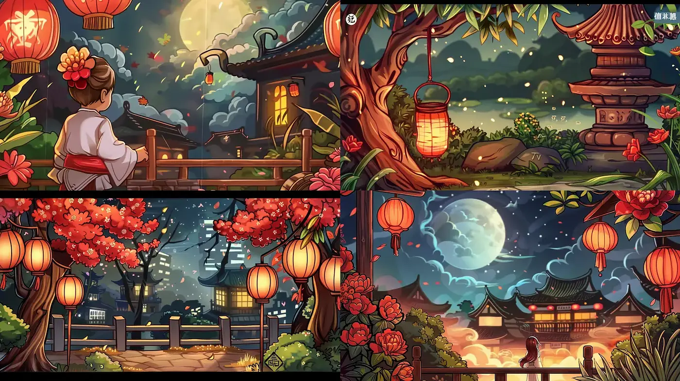 Enchanting Nightscapes with Traditional Elements and Vibrant Colors - Midjourney sref style