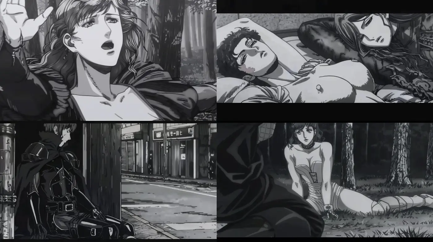 Monochromatic Noir Anime Fusion - Midjourney sref style