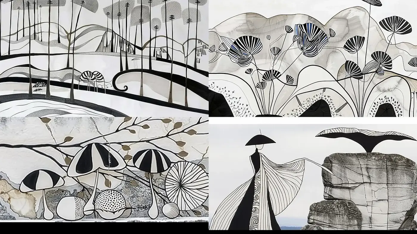Elegant and Minimalistic Black and White Art with Organic Forms - Midjourney sref style
