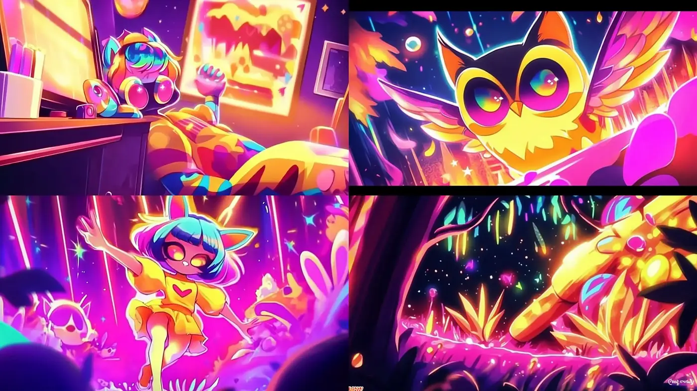 Vibrant and Dynamic Neon Dreamscape Illustrations - Midjourney sref style