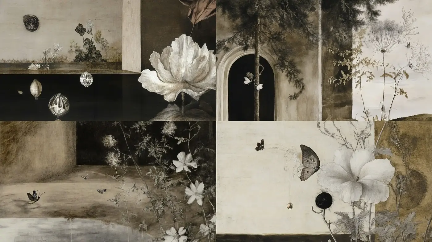 Ethereal Nature Montage with a Dark Monochromatic Undertone - Midjourney sref style
