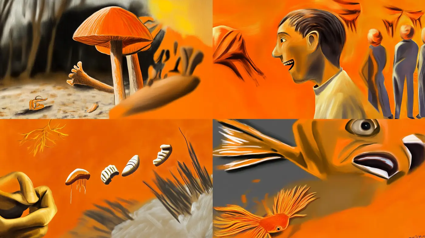 Surreal Orange Dreamscape with Expressive Forms and Dynamic Movement - Midjourney sref style