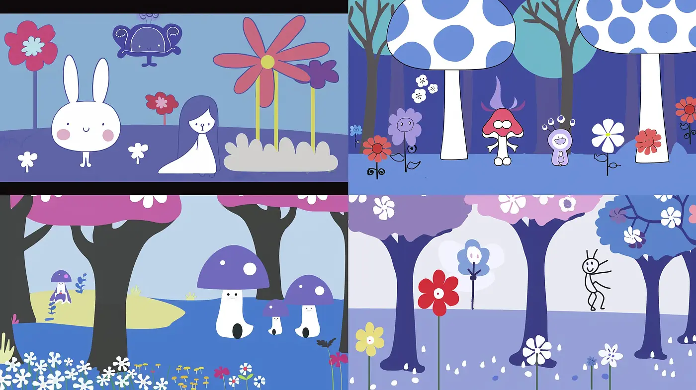 Whimsical Storybook Illustration with Pastel Tones and Stylized Flora - Midjourney sref style