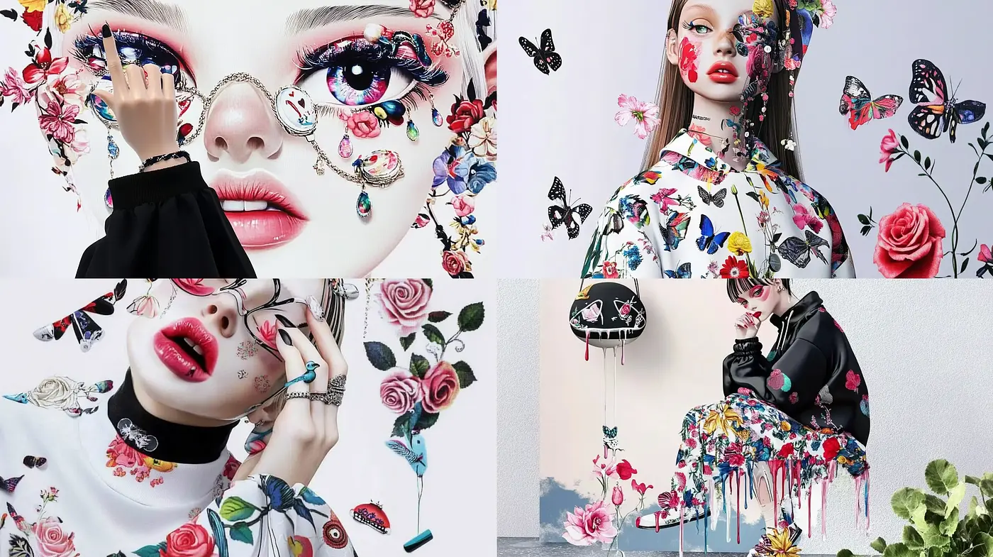 Eclectic Florals and Surreal Embellishments in Contemporary Digital Art - Midjourney sref style
