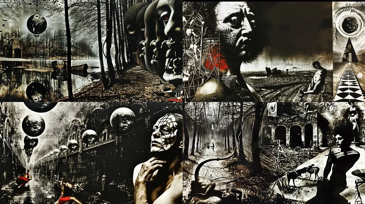 Dark Surrealism with a Brooding Monochromatic Tone - Midjourney sref style