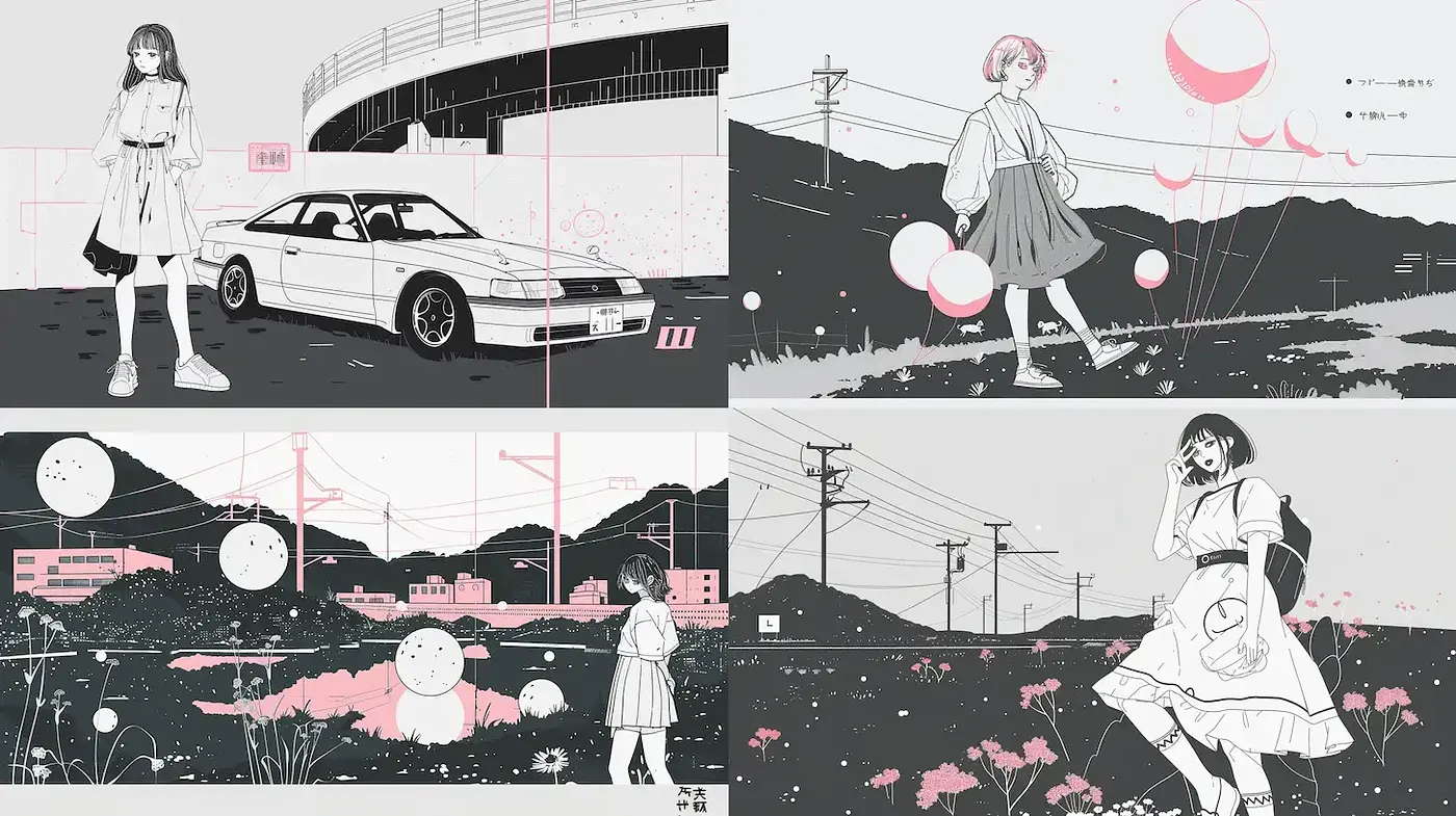 Contemporary monochrome illustrations with pastel accents and retro vibes - Midjourney sref style