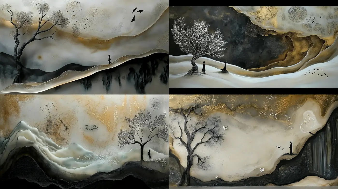 Ethereal Monochrome Landscapes with Golden Accents - Midjourney sref style