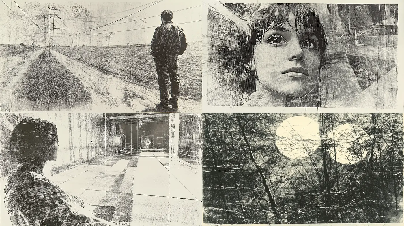 Monochrome Etched Narratives: A Study in Textured Grayscale Visions - Midjourney sref style